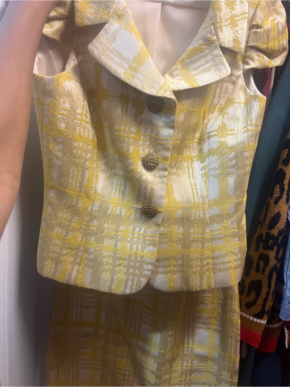 Tahari Yellow, Gold, and Off White Textured Skirt Suit